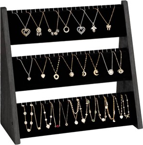 $32 Necklace Organizer, 3-Tier Necklace Holder Jewelry Organizer Stand with Velvet, Wood Necklace Jewelry Display Stand, Necklace Display Stands for Selling 72 Necklaces Bracelets (Black)