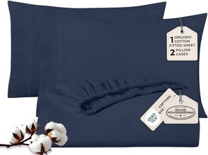 $26 ROYALE LINENS Fitted Sheet with Pillowcases - King Fitted Sheets with 2 Pillowcases - 300 Thread Count 100% Organic Cotton - Fits Mattress Up to 18 Deep - Soft & Breathable - Navy