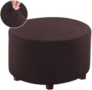 $23 Round Ottoman Slipcover Polyester Blend Footstool Protector Covers Stretch with Elastic Bottom Feature Textured Machine Washable Jacquard Fabric (Chocolate, Large Size)