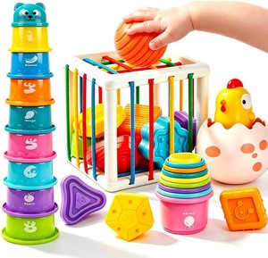 4 in1 Montessori Toys for 1 Year Old,17 Pcs Boys Girls 1st Birthday Gifts, Stacking Cups,Shape Sorter,Multi Sensory Shapes for Babies Early Educational Baby Travel Toys for Toddler 6-12 Months
