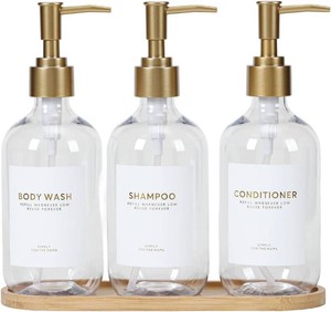 $22 Shampoo and Conditioner Dispenser Bottles with Bamboo Tray