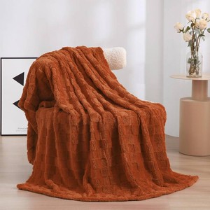 Burnt Orange Fleece Throw Blanket 50 60Checkered Design for Sofa
