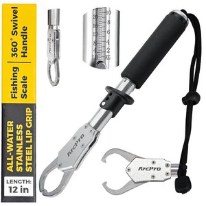 $28 2-in-1 Fish Lip Gripper, 12 Stainless Steel Fish Gripper with Scale, 60lb Weighing Fish Grabber, 360  Non-Slip Swivel Handle, Tool for Saltwater & Freshwater