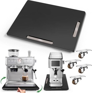 $39 Joy&Grace Appliance Slider for Kitchen Appliances 360  Rolling Sliding Tray for Coffee Maker Countertop, Bamboo Coffee Pot Slider Rolling Tray with Universal Rollers (Black, Large 16x13)
