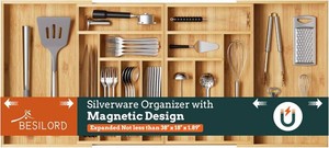 $50 Silverware Organizer Large, Magnetic Connected Expandable 13 Slots Silverware Drawer Organizer From 21 to 37.4 Inches, Adjustable Flatware and Cutlery Holder, Bamboo Utensil Tray for Kitchen Natural