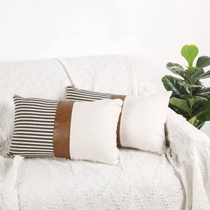 12x20 Pillow Covers Set of 2 Farmhouse Decor Stripe Patchwork Linen Throw Lumbar Pillow Covers Modern Faux Leather Covers for Couch Sofa,Black