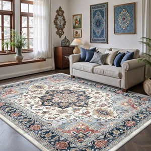 $43 5x7 Area Rugs - Washable Rug Vintage Distress Boho Medallion Rugs for Living Room, Soft Non-Slip Backing Low Pile Carpet for Bedroom Dining Room Office Nursery Dorm Home, Blue Beige Orange