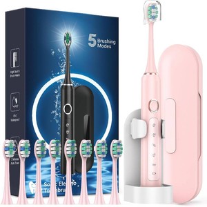Rtauys M5 Sonic Electric Toothbrush for Adults and Kids - Rechargeable Electric Toothbrush Kids Ages 12 and Adults with 8 Brush Heads & Travel Case, 120 Days Battery Life - Pink