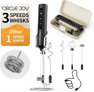 $25 CIRCLE JOY Rechargeable Handheld Milk Frother Wand with Stand, 3 Variable Speeds, 3 Whisks and Storage Box, Electric Drink Mixer for Latte, Cappuccino, Hot Chocolate, Eggs and Protein Powder, Black
