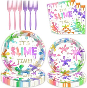 80 Pcs Slime Birthday Party Supplies Decoration, Colorful Its Slime Time Paper Plates Napkins Forks Tableware Kit for Glitter Colorful Slime Splatter Theme Girls Birthday Party Supplies