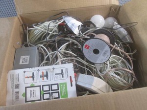 (EW3) Box Full of Assorted Cords Wire and LED Light Bulbs
