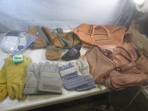 (EW6) 2 Leather Duffle Bags, Tool Belt, Handgun Holster, Work Gloves and Heated Socks