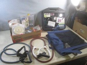 (F-3) Microscope Set, Stadium Seat, 2 Stretch Exercise Bands and Assorted Hardware