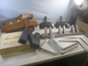(F-0) 2 Garden Hose Hangers, Vintage Pressed Metal Nylint Dump Truck, Suncast Tool Hanger, Angle Brackets, Black Plastic Letter N and Wood Box