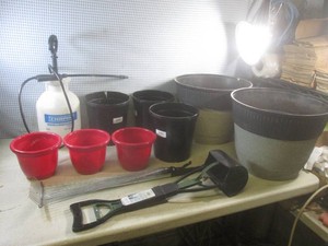 (BSB) Assorted Planters, Sprayer, Portable Yard Rake and a Pooper Scooper