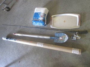 (BR1) Fishing Rod and Reel, Large Vinyl Poster, Decor Shovel and Other