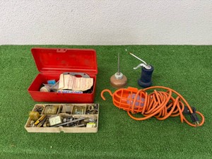 Shop Light, Oil Cans, Storage Box & Contents