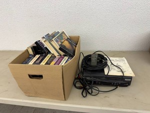 VCR with Remote & Box of VHS Tapes