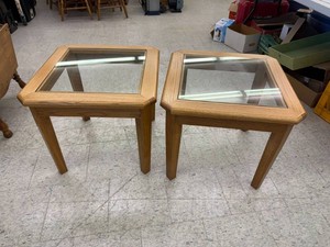 2 Oak End Tables with Glass Inserts 24 x 24 x21 tall