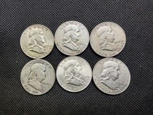 Six Franklin Silver Half Dollars 1948-D(2), 1953-D,  1955, 1960-D, and 1963-D.
