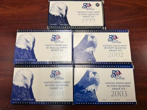 Five Sets Of U.S. Mint State Quarter Proof Sets 1999, 2000, 2001, 2002, and 2003.
