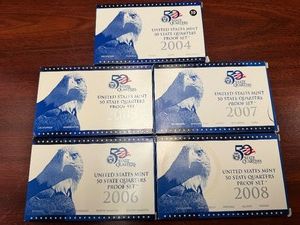 Five Sets Of U.S. Mint State Quarter Proof Sets 2004, 2005, 2006, 2007, and 2008