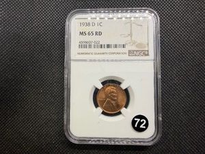 1938-D Lincoln Cent NGC MS65 RD - NGC Price Guide Value for an MS65 RD is $37.00