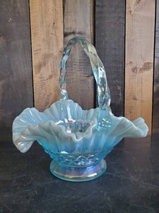 Vintage Fenton Blue Opalescent Glass Basket Ruffle Pattern 10 inches Tall
