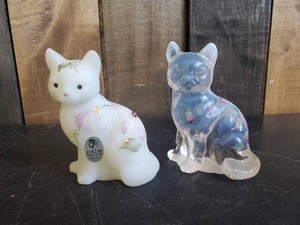 Two Fenton Art Glass Hand Painted Cat Figurines both Signed