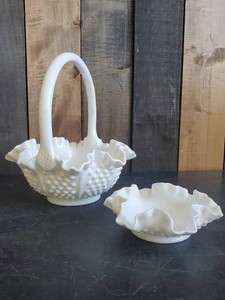 Vintage Fenton Hobnail Milk Glass Basket and Hobnail Ruffled Candy Dish