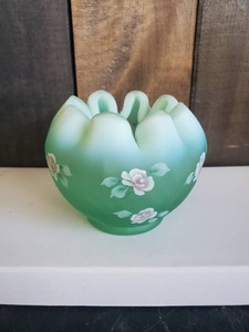 Fenton Sea Green Satin Rose Bowl Hand Painted Roses Artist Signed