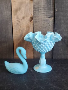 Vintage Fenton Blue and White Slag Glass Hobnail Pedestal and Fenton Blue Satin Swan