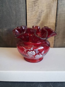Vintage Fenton Glass Rose Bowl Vase Hand Painted and Signed