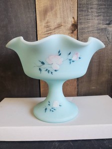 Fenton Blue Satin Glass Footed Compote Hand Painted and Signed