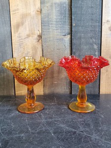 Mid Century Modern Fenton Amber and Amberina Hobnail Glass Compotes
