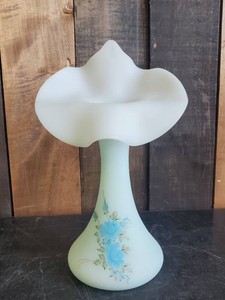 Fenton Blue Satin Jack in the Pulpit Vase Hand Painted and Signed   Beautiful
