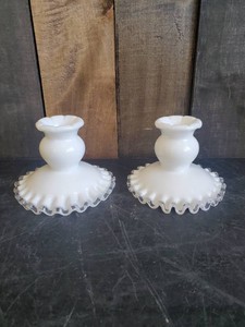 Pair of Fenton Silver Crest Milk Glass Ruffled edge Candle Stick Holders