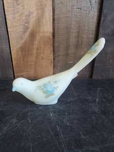 Fenton Happiness Bird Long Tail Blue Satin Glass Hand Painted and Signed