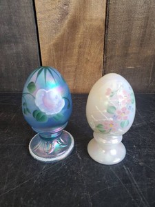 Fenton Art Glass Blue Satin and White Irridescent Hand Painted Signed Eggs So Pretty