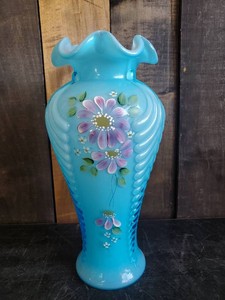 Gorgeous Vintage Fenton Ruffled Rim Blue Satin Opelescent Glass Vase Hand Painted and Signed