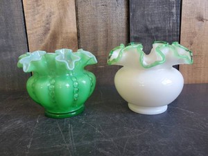 Fenton Green Glass Beaded Melon Vase and White Melon Vase Very Nice