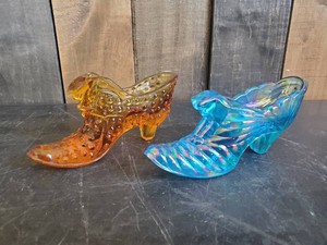 2 Fenton Artglass Shoes Blue Iridescent and Amber Hobnail So Cute
