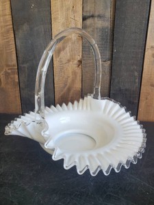 Large Fenton Silver Crest White Basket with Clear Handle Very Nice