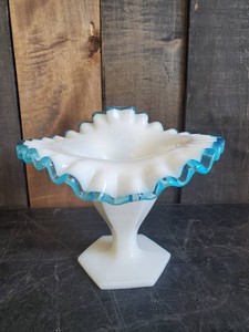 Vintage Fenton Milk Glass Auqua Crest Vase with Ruffled Edge pretty