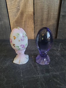 2 Fenton Art Glass Eggs RARE Purple and Hand Painted and Signed