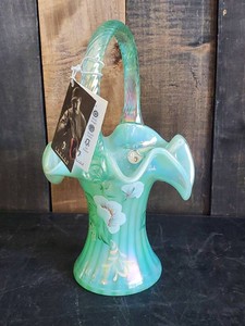 RARE Fenton Seafoam Green Opalescent Hand Painted and Signed Basket  This is Beautiful