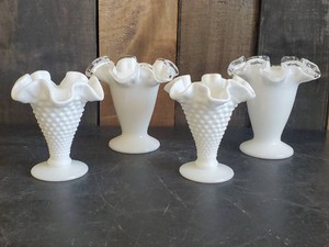 2 Fenton Clear Edge Milk Glass Bud Vases and 2 Hobnail Bud Vases