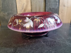 Fenton Limited Edition Rolled Edge Plum Opalescent (Botanical Candence) Hand Painted Bowl Signed with Stand  WOW