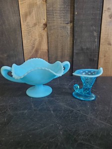 Fenton Blue Satin 3 Fruits Handled Compote Dish and Hobnail Cornucopia so Pretty