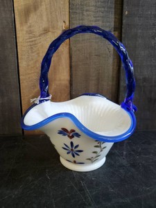 Fenton White Ribbed Colbalt Blue Rim Glass Basket  Such a Pretty Piece